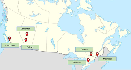 Canada map showing KJA office locations in Vancouver, Edmonton, Calgary, Ottawa, Toronto and Montreal